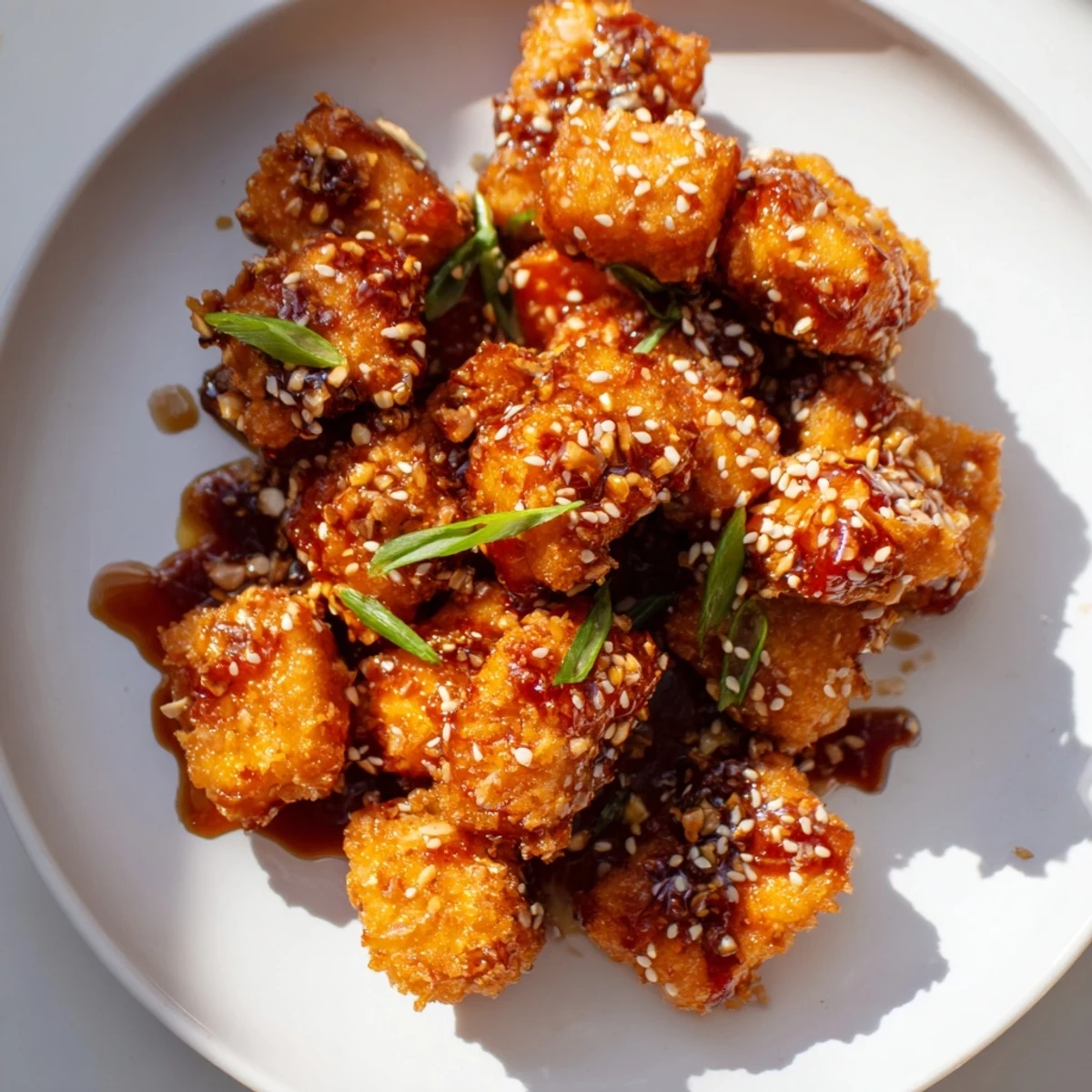 Crispy air-fried Honey Sriracha Tofu Nuggets, coated in a sticky glaze, perfect for snacking.