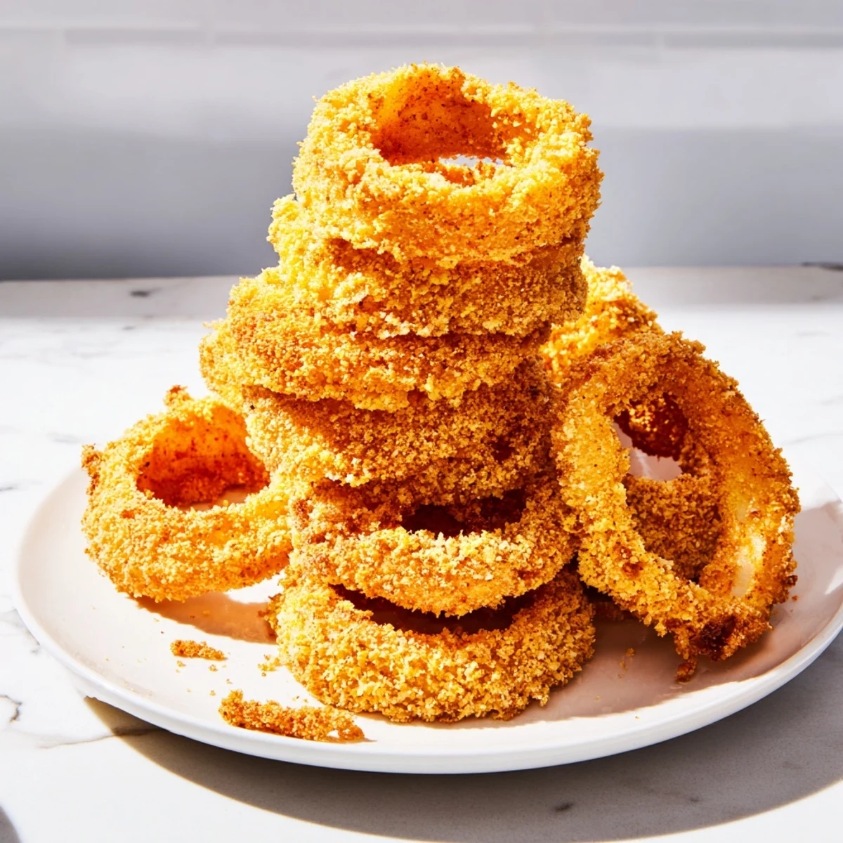 Mouthwatering Crispy Onion Ring Tower, piled high, with a perfectly fried, crispy exterior and tender inside.