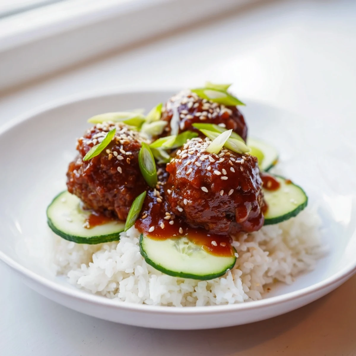 Delicious teriyaki meatball bowls with glistening sauce, rice, and crisp cucumber for a vibrant meal.