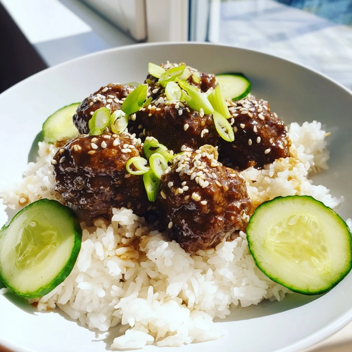 Mouthwatering teriyaki meatball bowls featuring savory meatballs coated in a glossy teriyaki glaze, perfect for dinner.