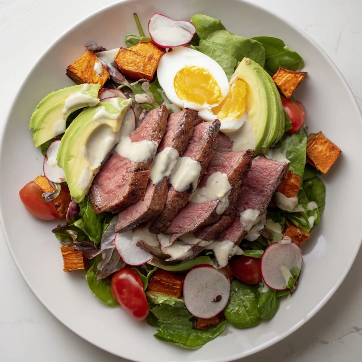 A delicious high-protein beef avocado bowl with tender beef and creamy avocado slices.