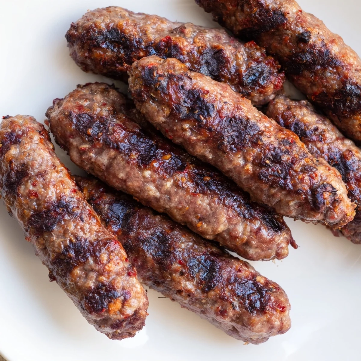 Close-up of juicy, seasoned Romanian mici, a delicious blend of meats, perfect served with mustard.