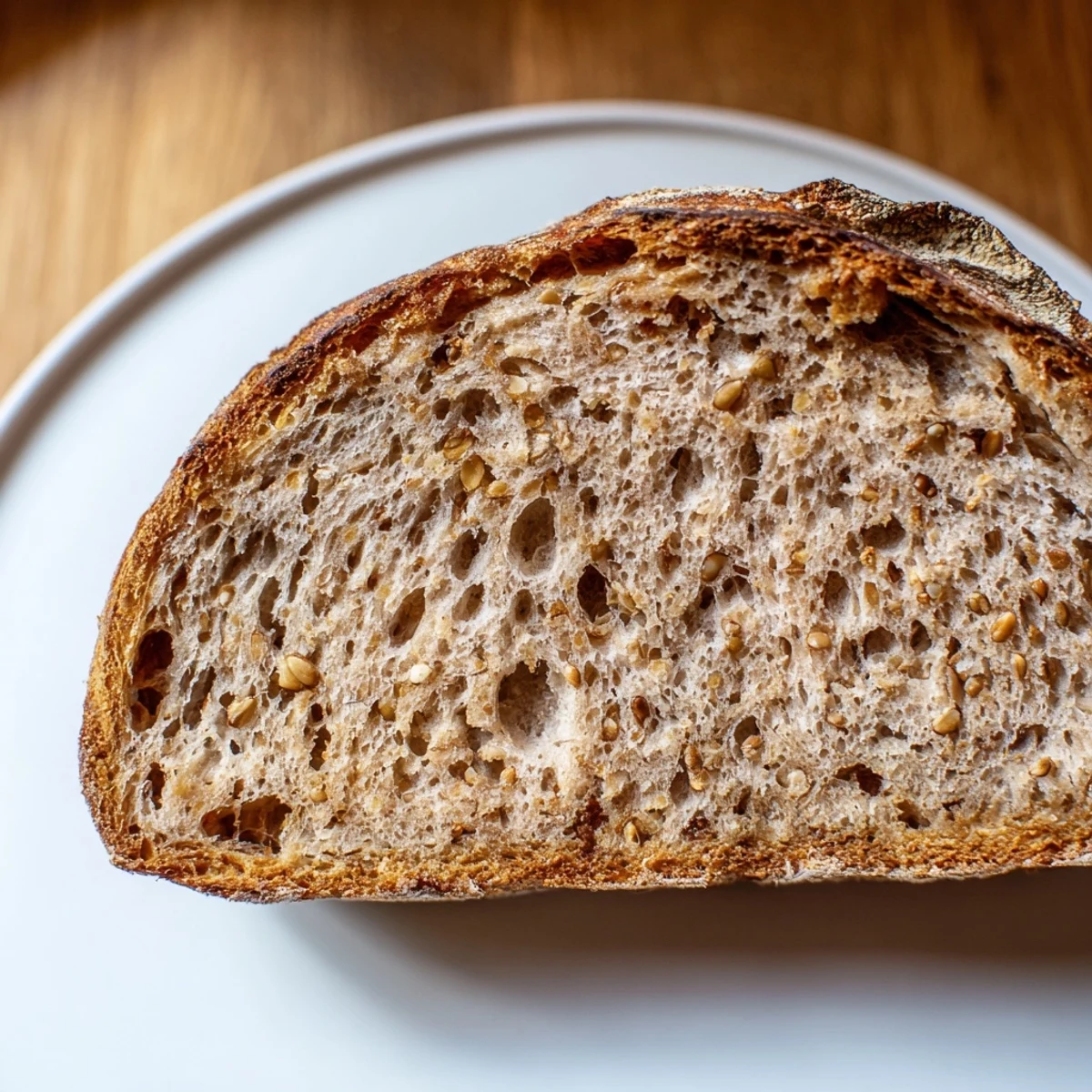 A hearty slice of Estonian Leib sourdough, dark crust glistening, ready to be slathered in butter.