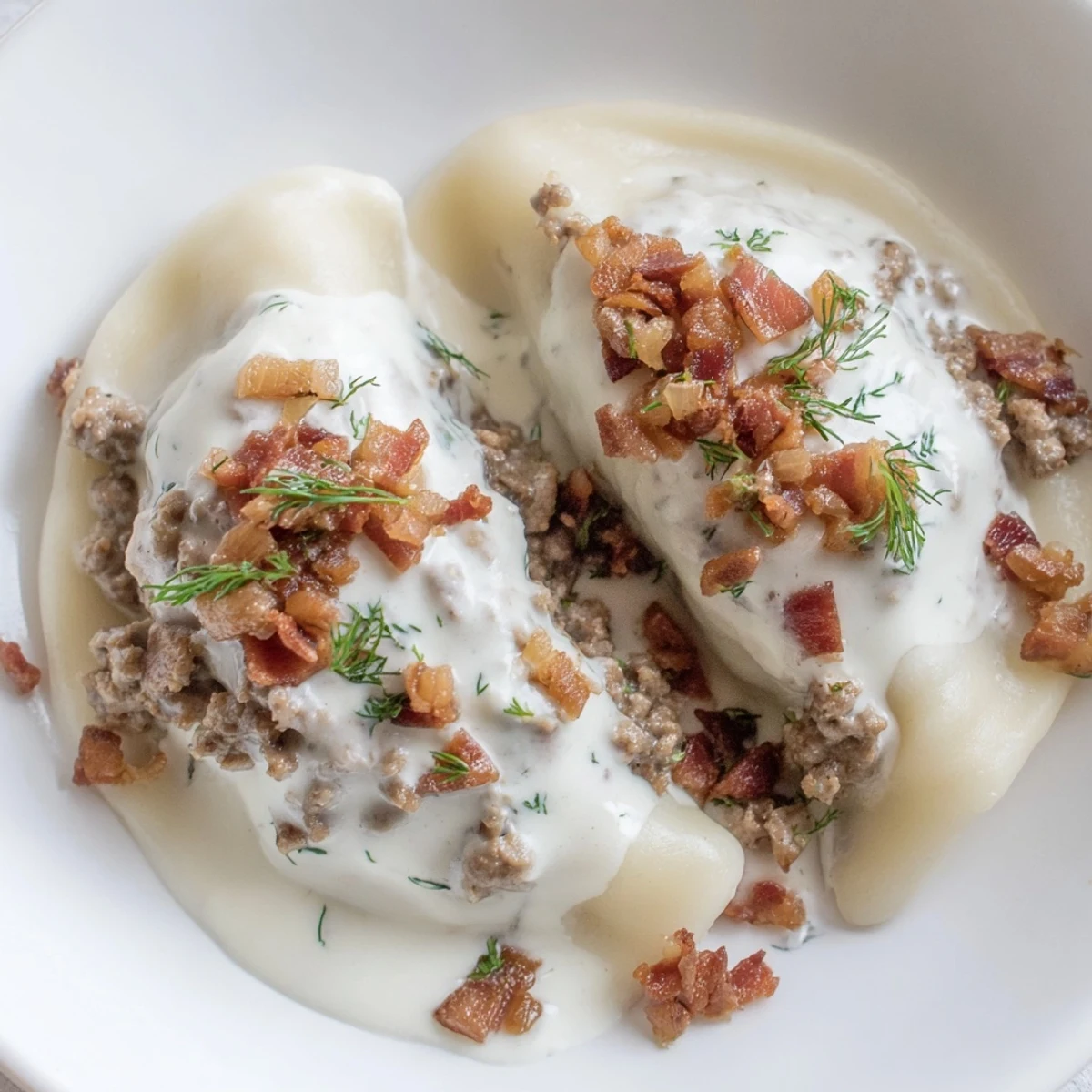 Steaming hot Lithuanian Cepelinai dumplings, filled with savory meat, are covered in creamy sauce.