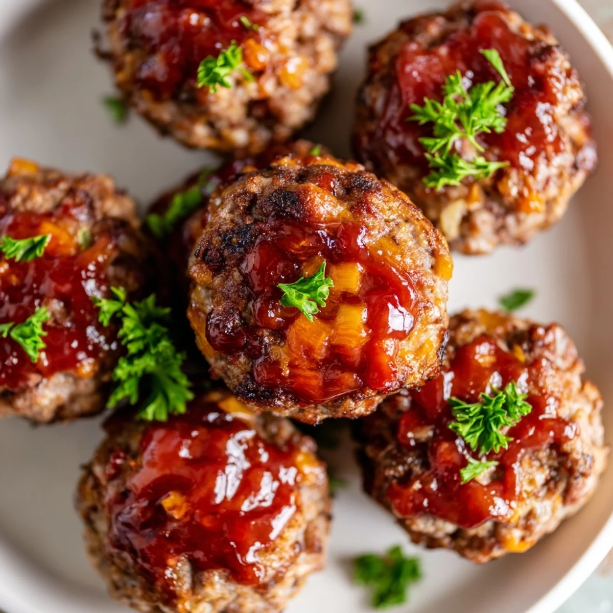 Close-up of perfectly baked mini meatloaf bites, savory and topped with a tangy maple glaze.