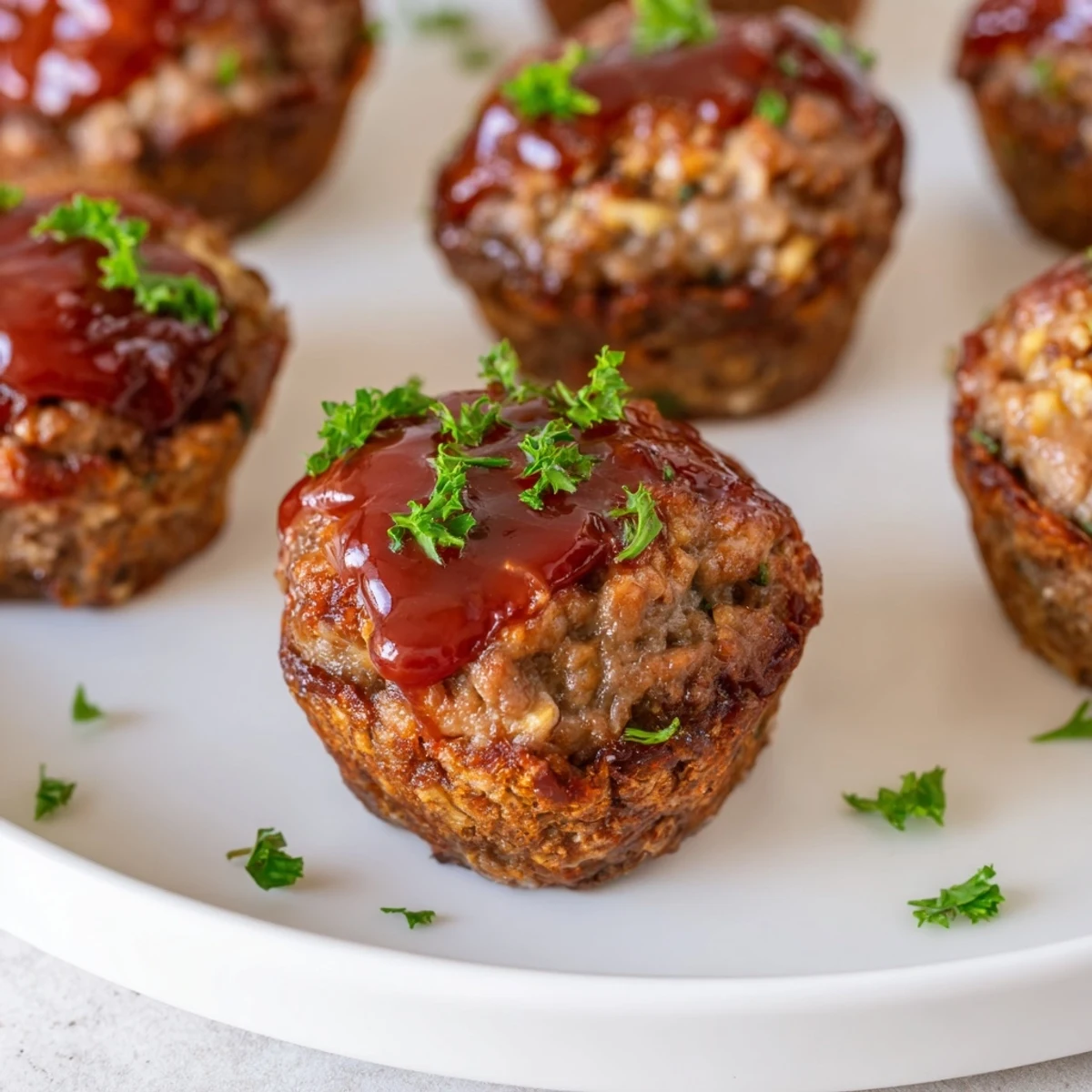 Delectable plate of mini meatloaf bites, showcasing a tender interior with a flavorful, rich crust.