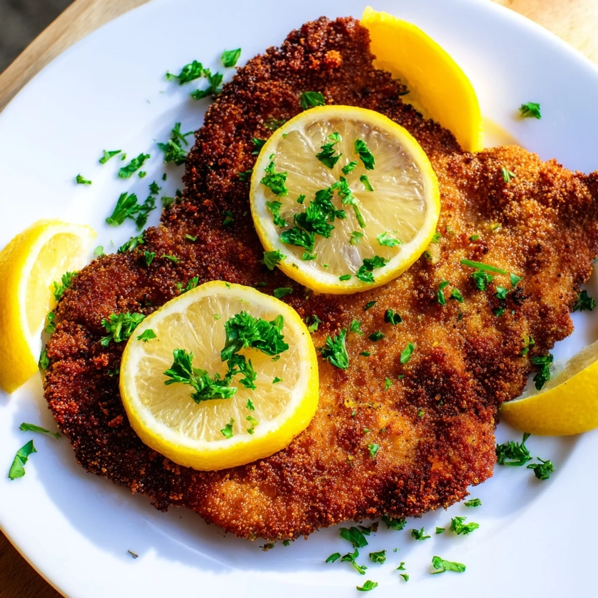 Crispy golden German Schnitzel cutlets with a squeeze of fresh lemon, ready to enjoy.