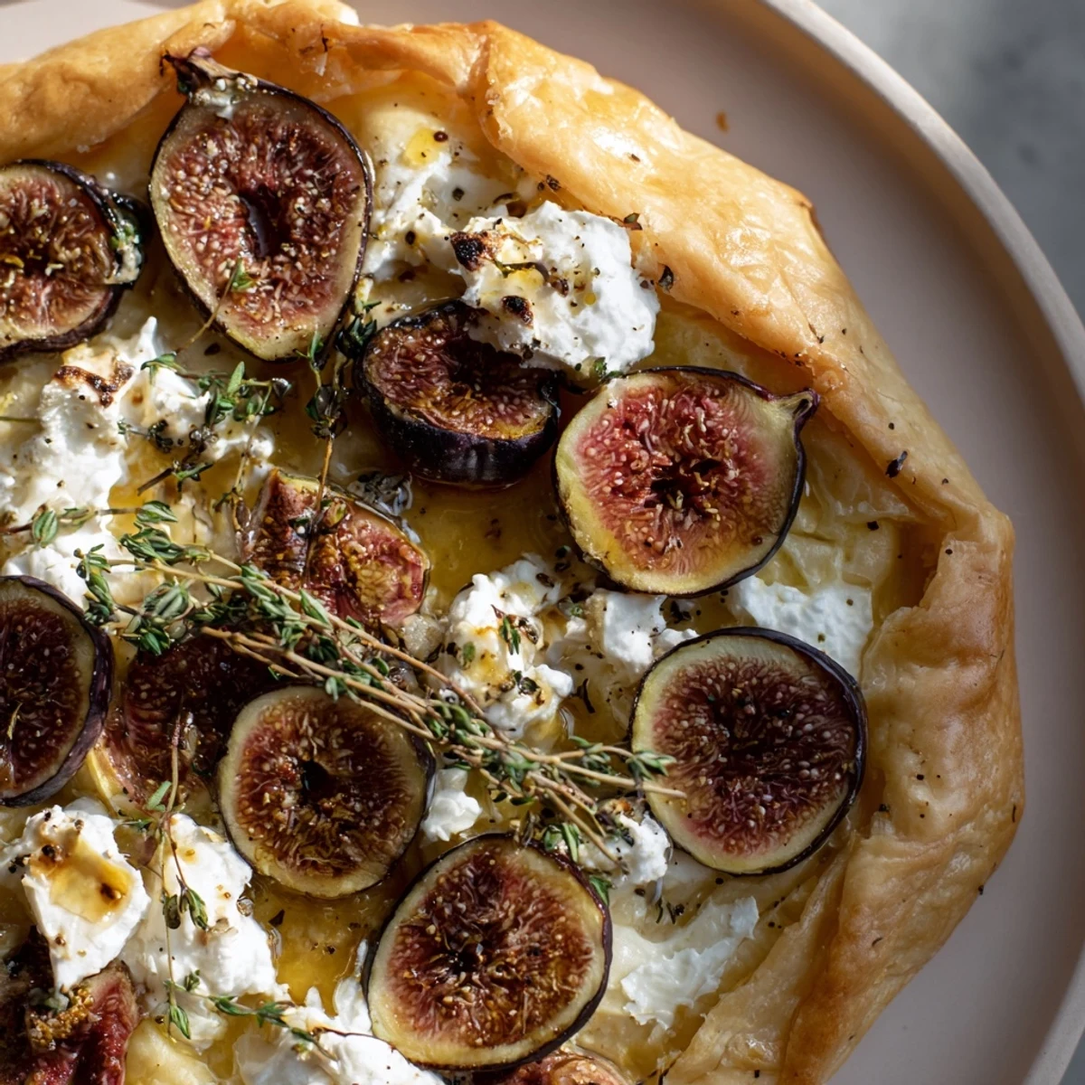 Golden, bubbly puff pastry truffle pizza featuring sweet figs, tangy goat cheese, drizzled honey, and truffle essence.