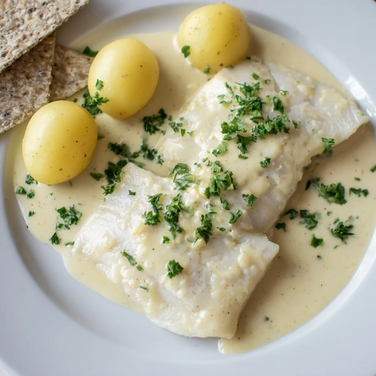 Steaming hot Norwegian Lutefisk, flaky white fish, smothered in a creamy mustard sauce, ready to serve.