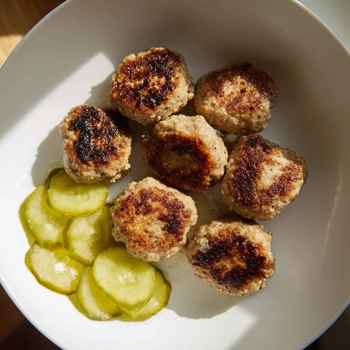 Golden-brown Danish frikadeller, delicious pork meatballs, ready to serve with tangy pickles alongside.