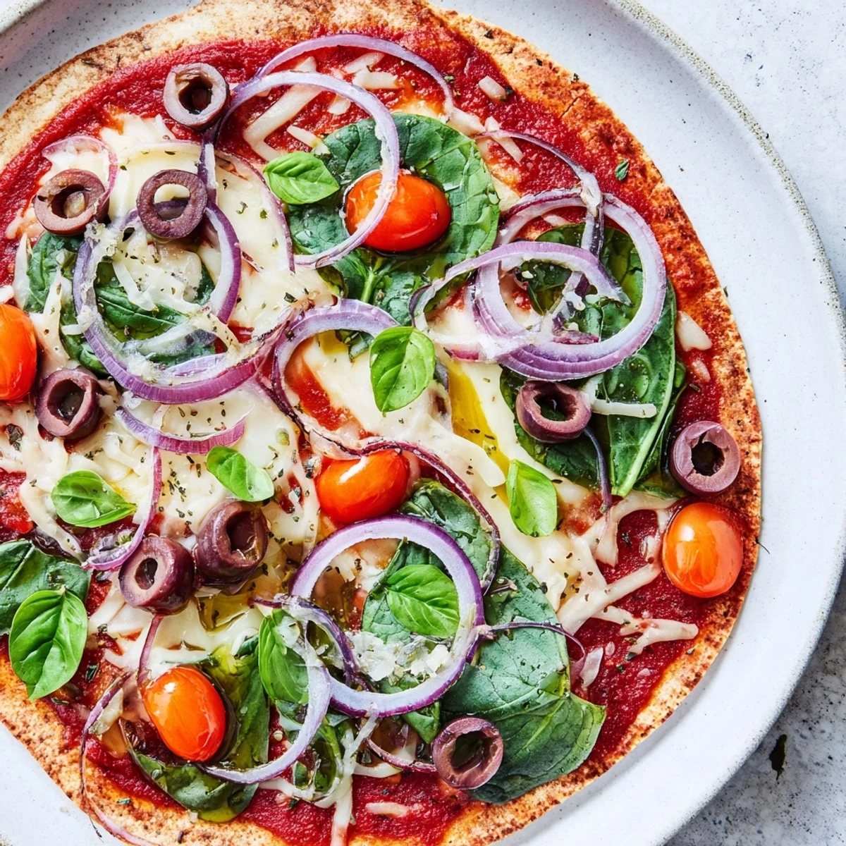 This Tortilla Pizza offers a satisfying crunch, loaded with vibrant toppings and baked cheese.