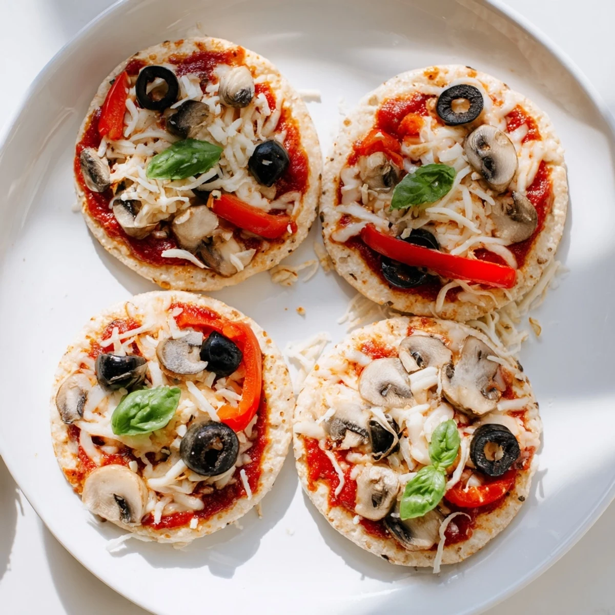 Crispy Rice Cake Pizza Squares, baked with melted cheese, vibrant toppings, and fresh basil, ready to eat.