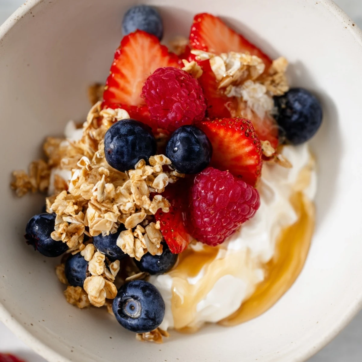This vibrant photo shows a Cottage Cheese Hot Honey Bowl with granola; ideal for a quick, healthy snack.