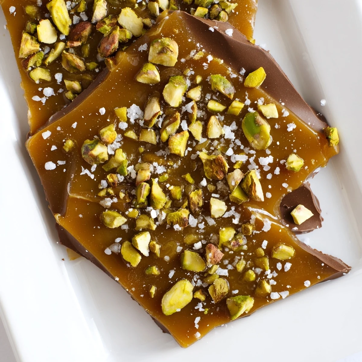Enjoy the sweet and salty Pistachio Salted Caramel Bark, with visible flaky sea salt crystals and vibrant green pistachios.
