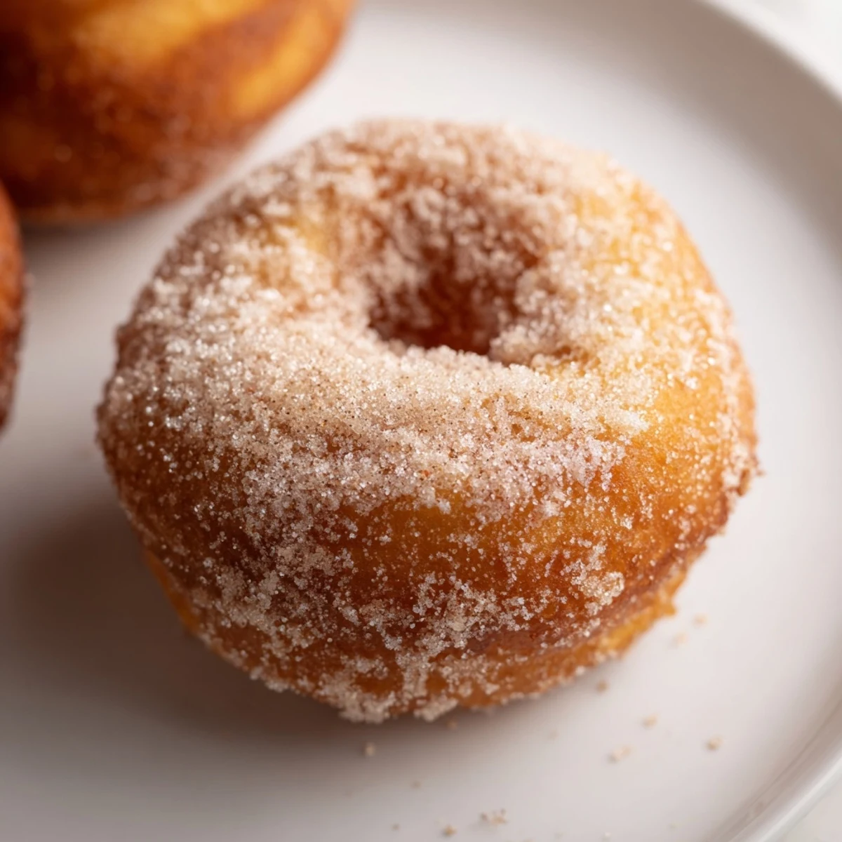 Irresistible close-up of warm air fryer cinnamon sugar donuts, freshly coated and ready to eat.