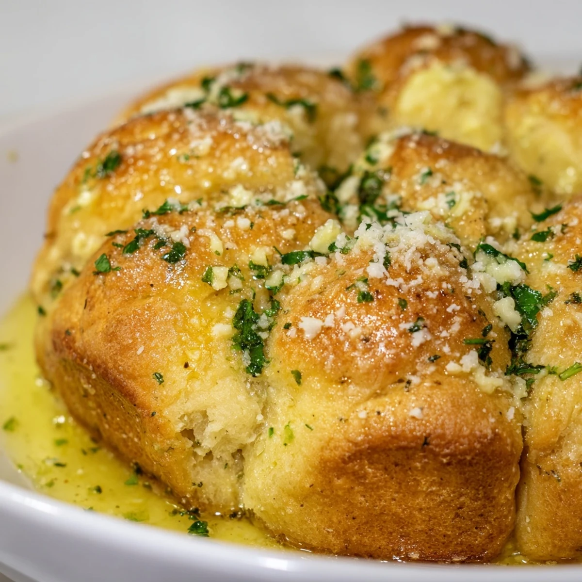 Warm, shareable garlic butter bread, with visible garlic flecks and a soft, inviting interior for easy pulling.