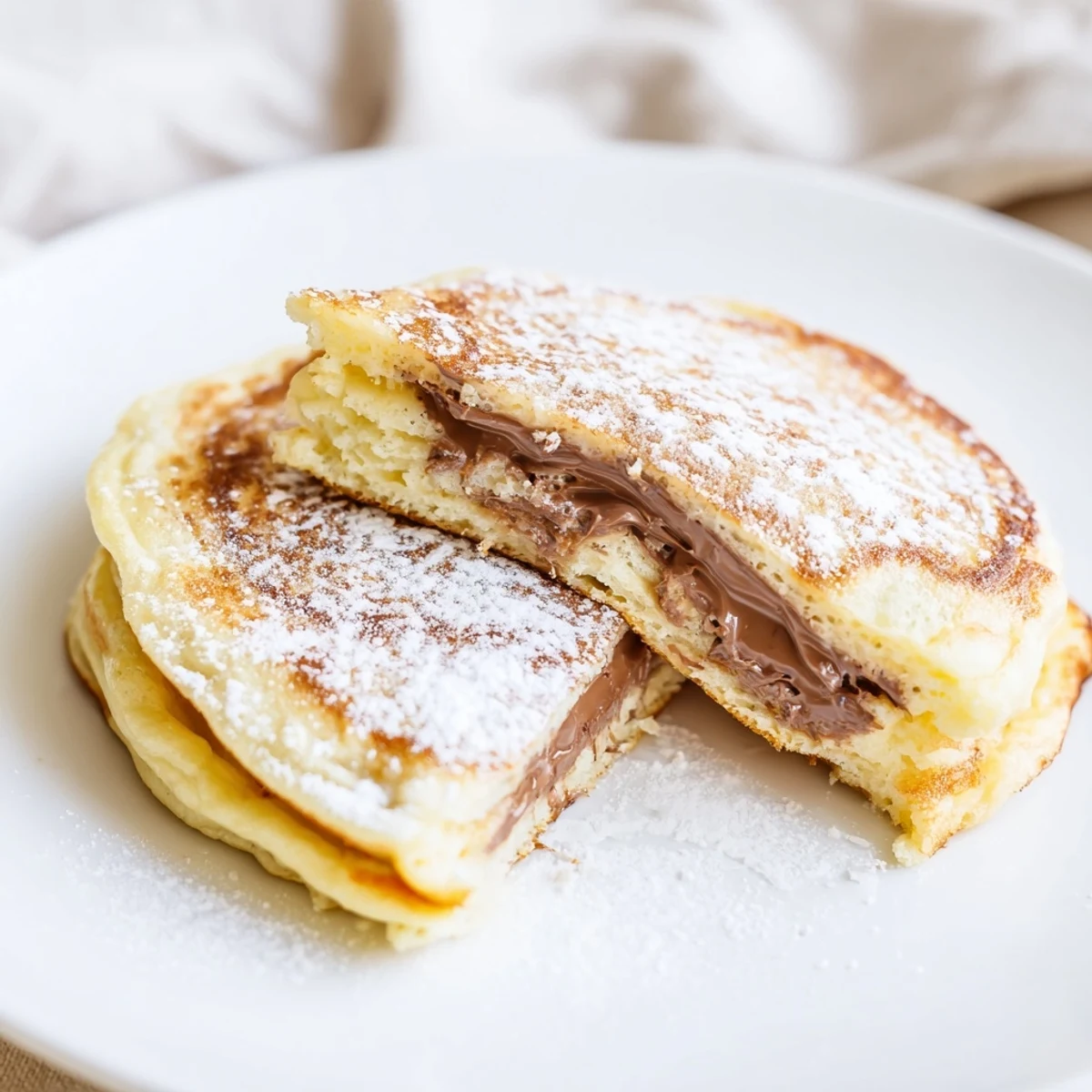 Warm, golden Nutella stuffed pancakes with a rich, melted chocolate hazelnut center and fluffy texture.