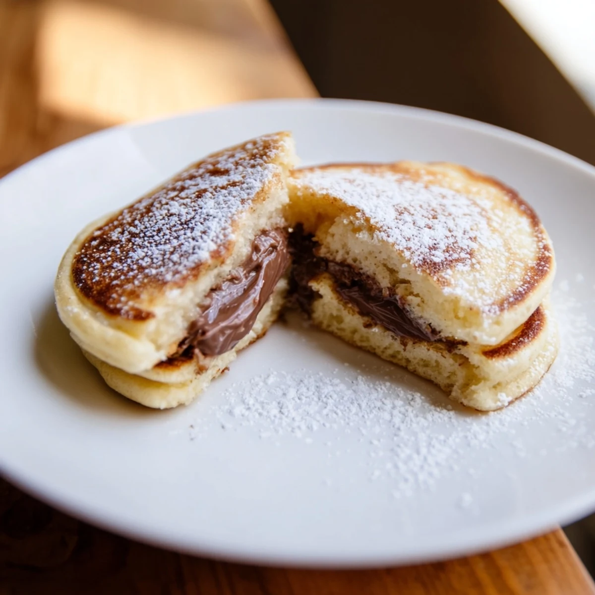 Stack of freshly cooked Nutella stuffed pancakes, a decadent breakfast topped with powdered sugar and ready.
