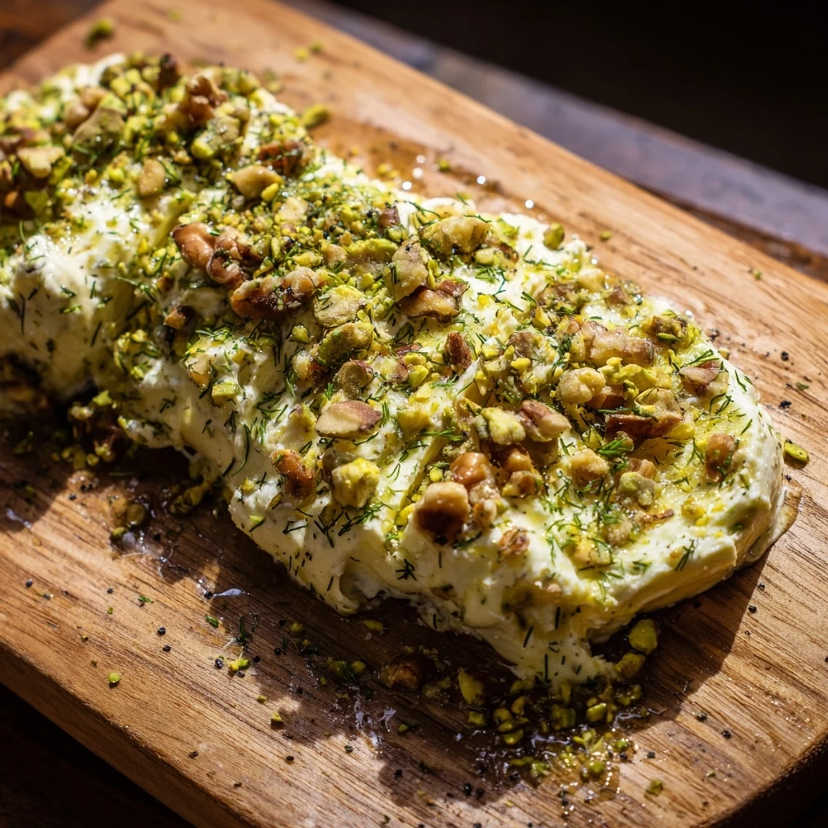 A delicious Flavored Butter Board, arranged with colorful herbs and a drizzle of golden honey.