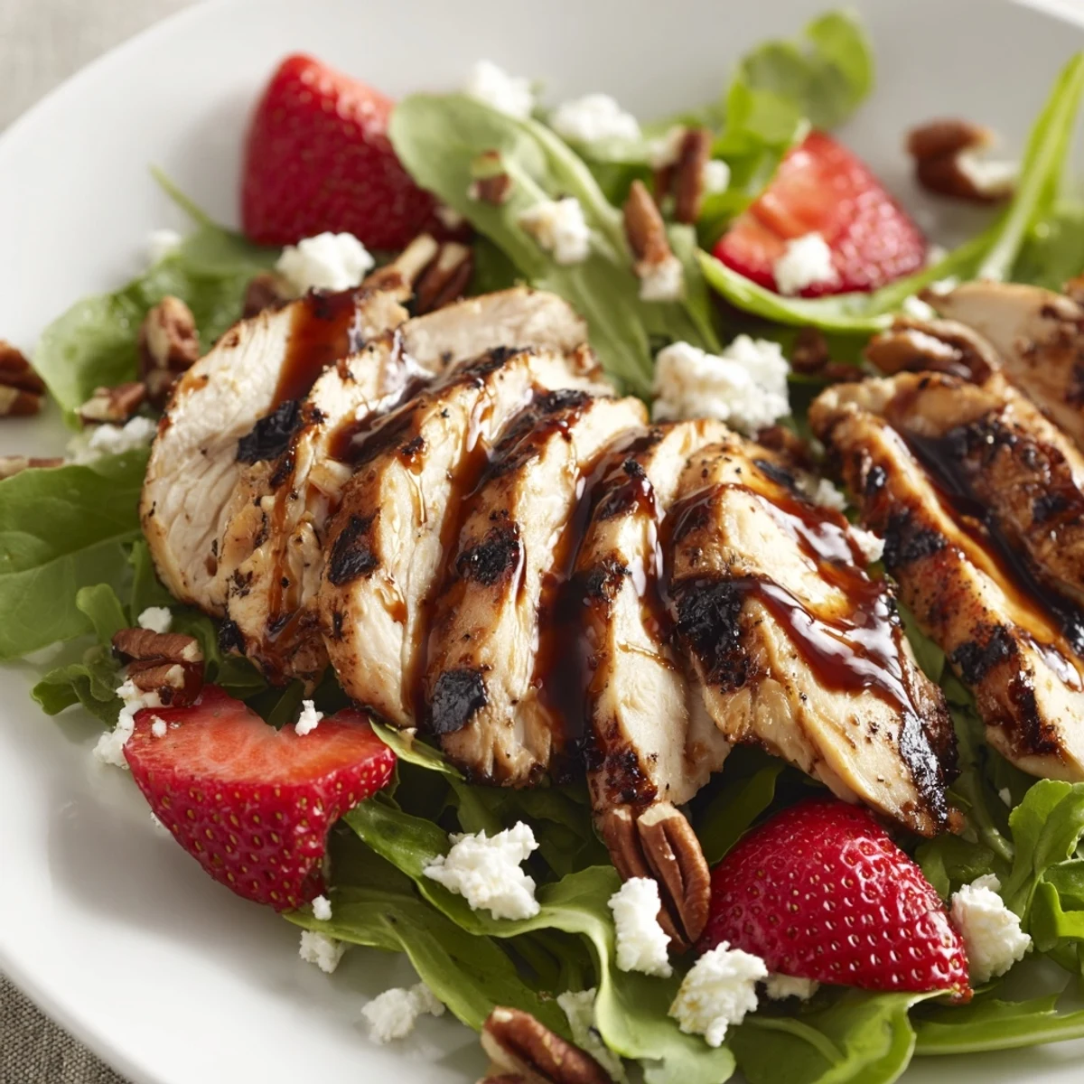 Juicy grilled chicken, sliced strawberries, creamy goat cheese, and honey balsamic glaze on fresh mixed greens.
