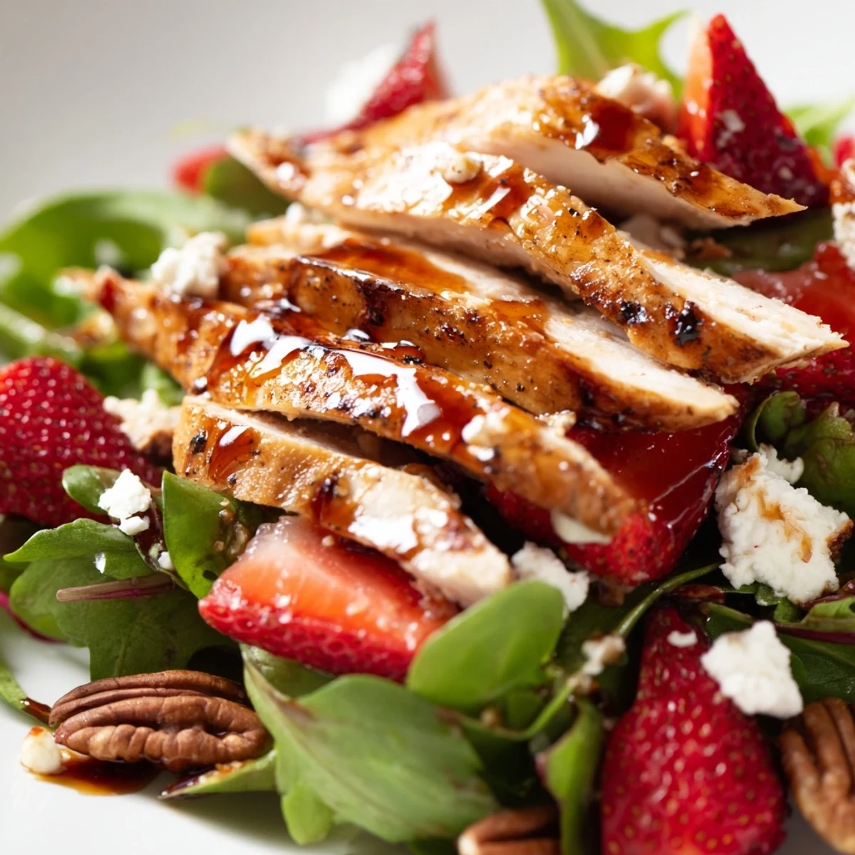 Grilled chicken and strawberries with goat cheese on greens, drizzled with honey balsamic glaze for a vibrant salad.