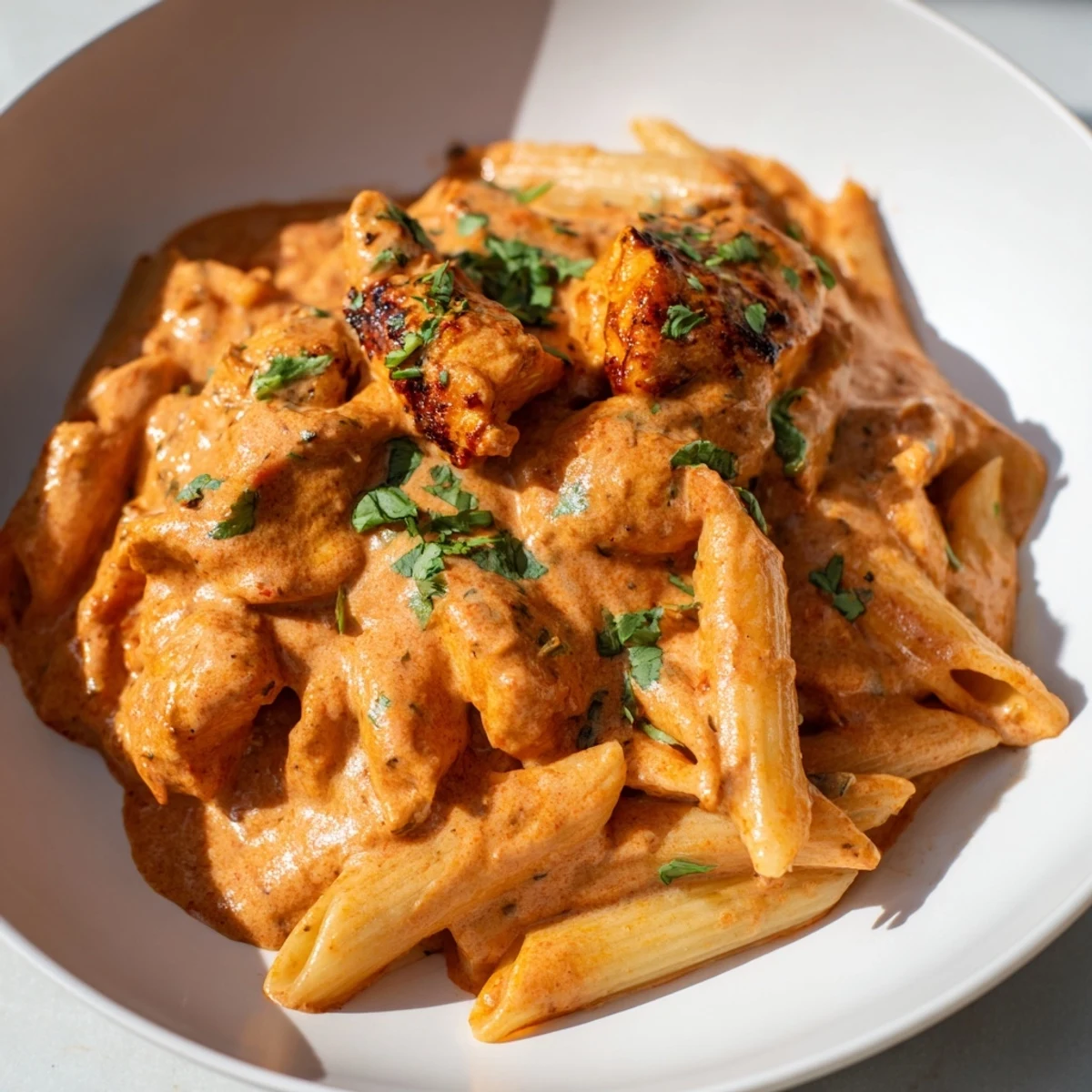 Tender chicken tikka pieces rest atop creamy penne pasta, coated in a spiced tomato sauce and garnished with fresh cilantro.