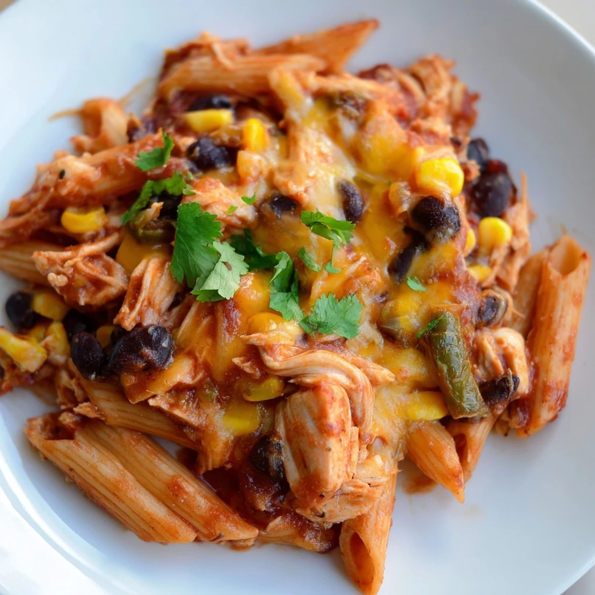 Bubbling melted cheese tops steaming Chicken Enchilada Pasta, with diced avocado and cilantro garnish.