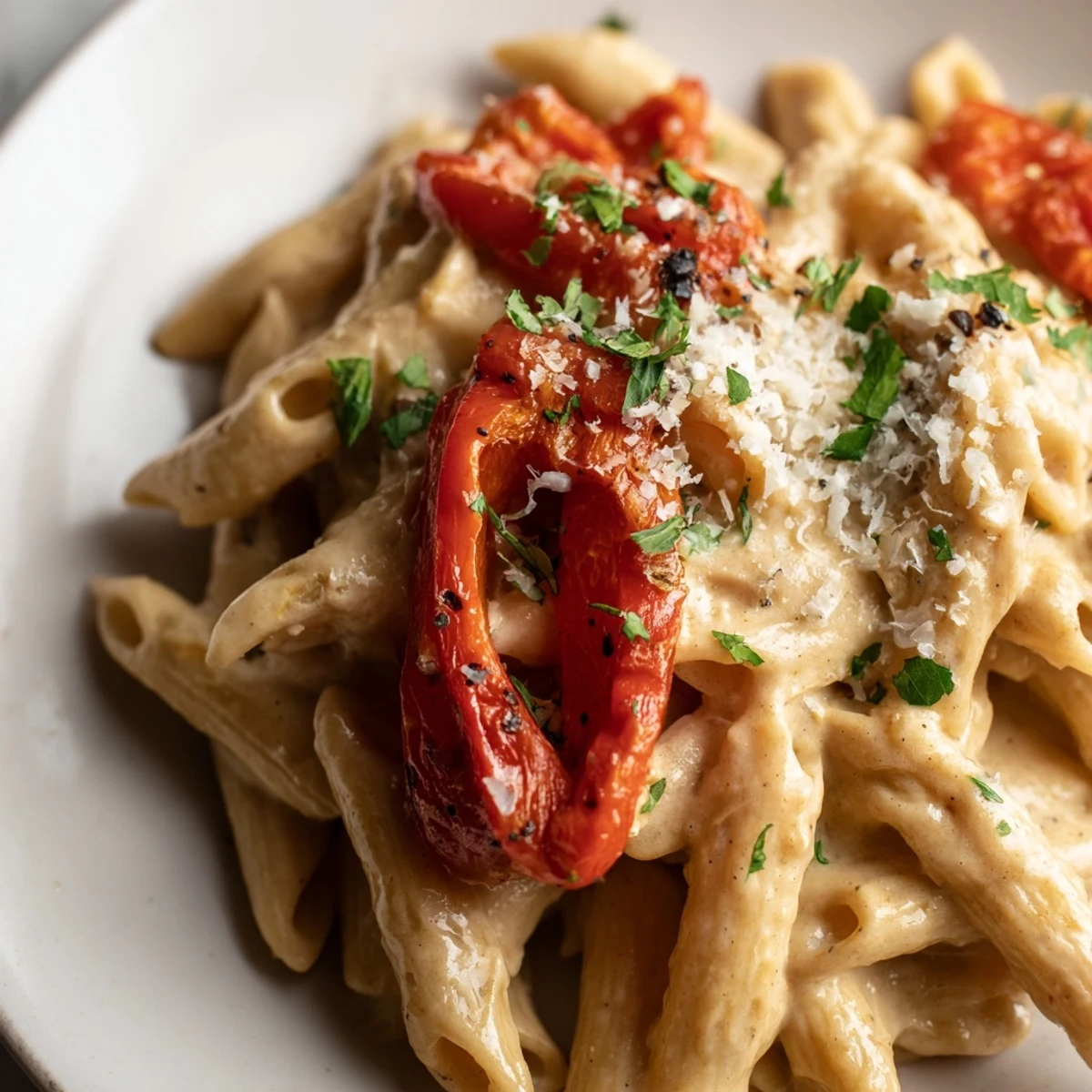Close-up of creamy Cajun pasta in a skillet, Parmesan melted into the rich sauce.