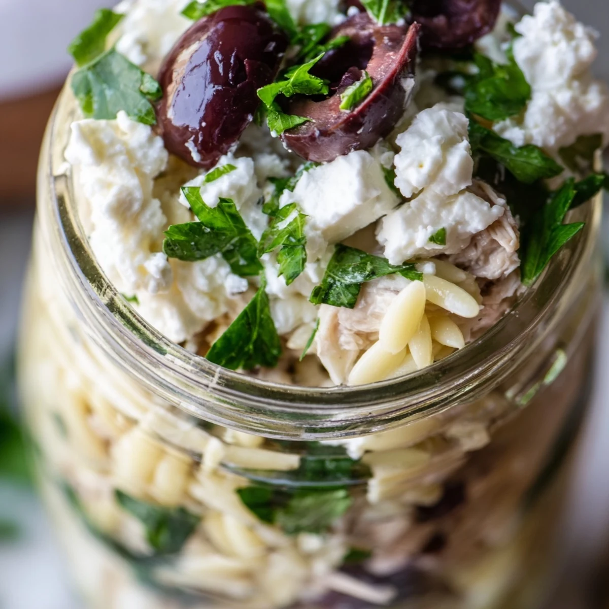 A close-up of Greek Pasta Chicken Salad Jars in glass containers, with visible layers of orzo, diced chicken, cherry tomatoes, cucumbers, and crumbled feta cheese.