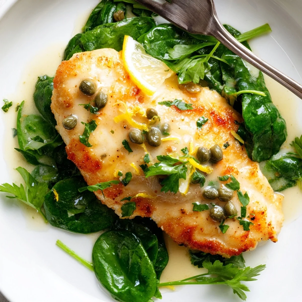 Tender Spinach Lemon Butter Chicken nestled on a bed of vibrant wilted spinach with lemon slices and a glossy butter sauce perfect for weeknight dinners.