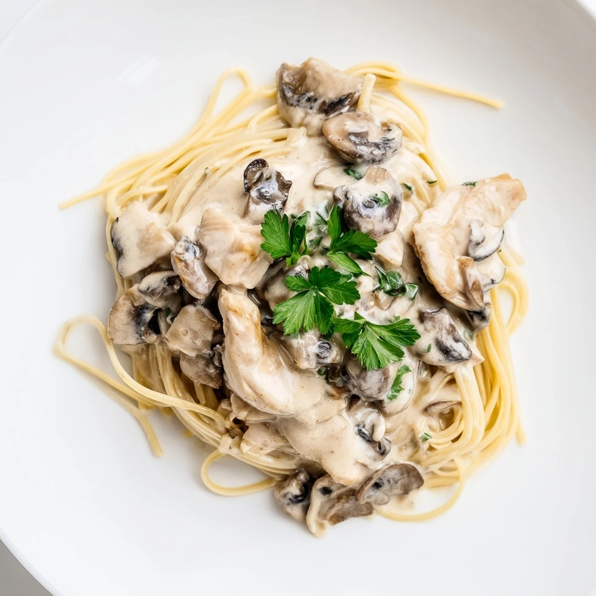 Golden chicken breast slices and skinny spaghettini tossed in a savory Parmesan-mushroom sauce, served warm with fresh herbs and extra grated cheese.
