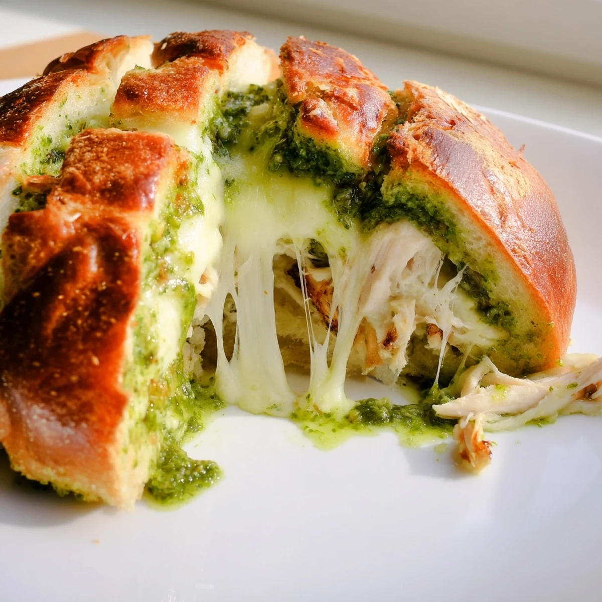 A freshly made Mozzarella Pesto Chicken Grilled Cheese rests on a cutting board, ready to be dipped in marinara sauce for a tangy contrast.