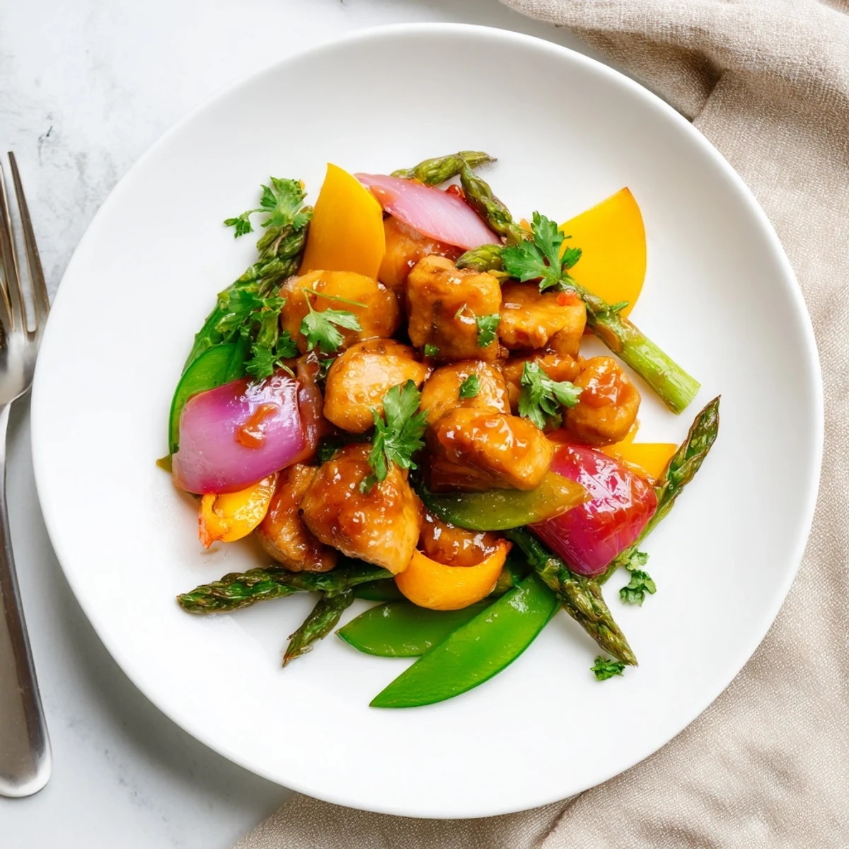 A close-up of tender roasted chicken and colorful veggies from Sheet Pan Honey Garlic Chicken & Veg, served over fluffy rice for a complete meal.  