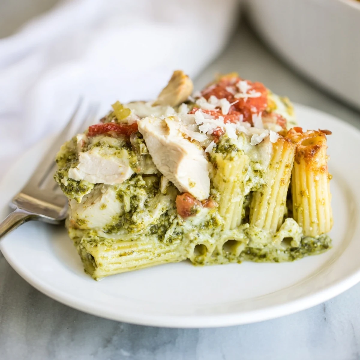 A golden Pesto Chicken Pasta Bake emerges from the oven, featuring al dente penne coated in creamy basil pesto and tender chicken pieces, all bubbling under a melted mozzarella and Parmesan topping.