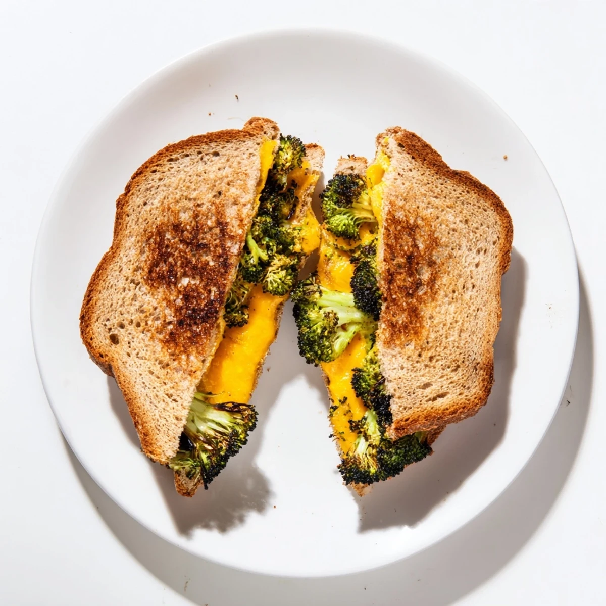 A close-up of the roasted broccoli and cheddar grilled cheese, sliced to reveal the gooey interior.