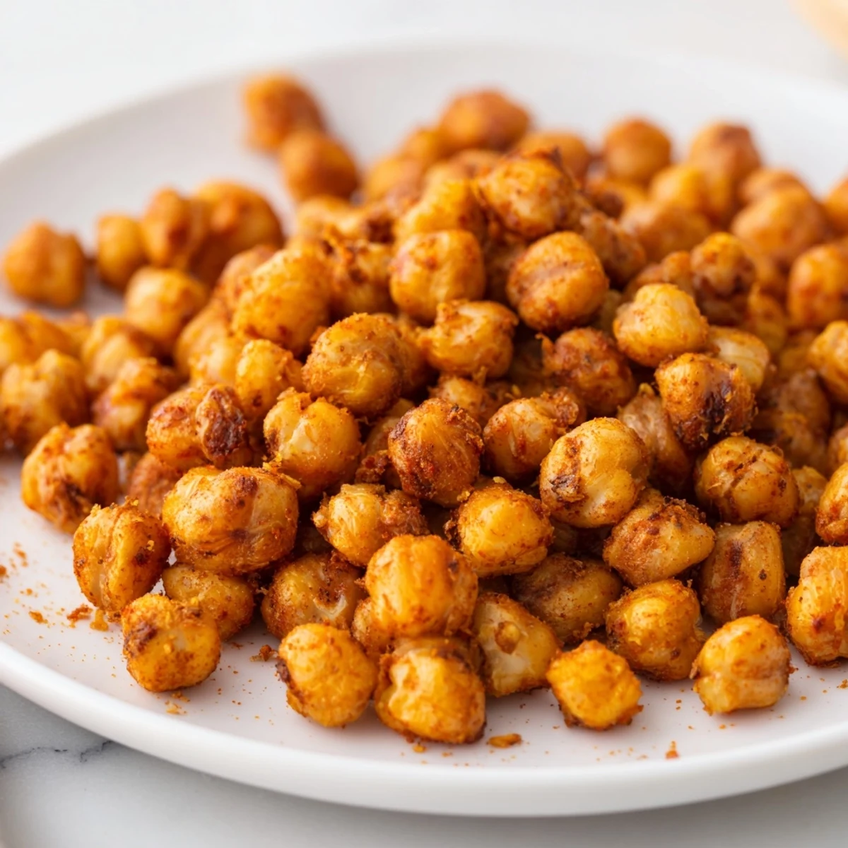 Golden-brown crispy chickpeas roasted with smoked paprika and cumin on a rustic wooden table, served as a protein-rich Middle Eastern-inspired snack.  