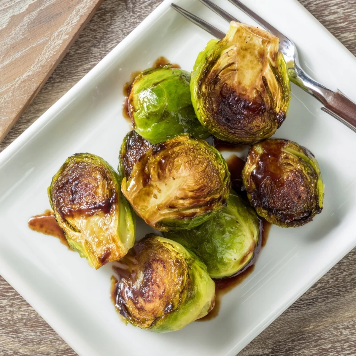 Savory Roasted Brussels sprouts drizzled with balsamic glaze, served alongside a festive holiday meal for four people.