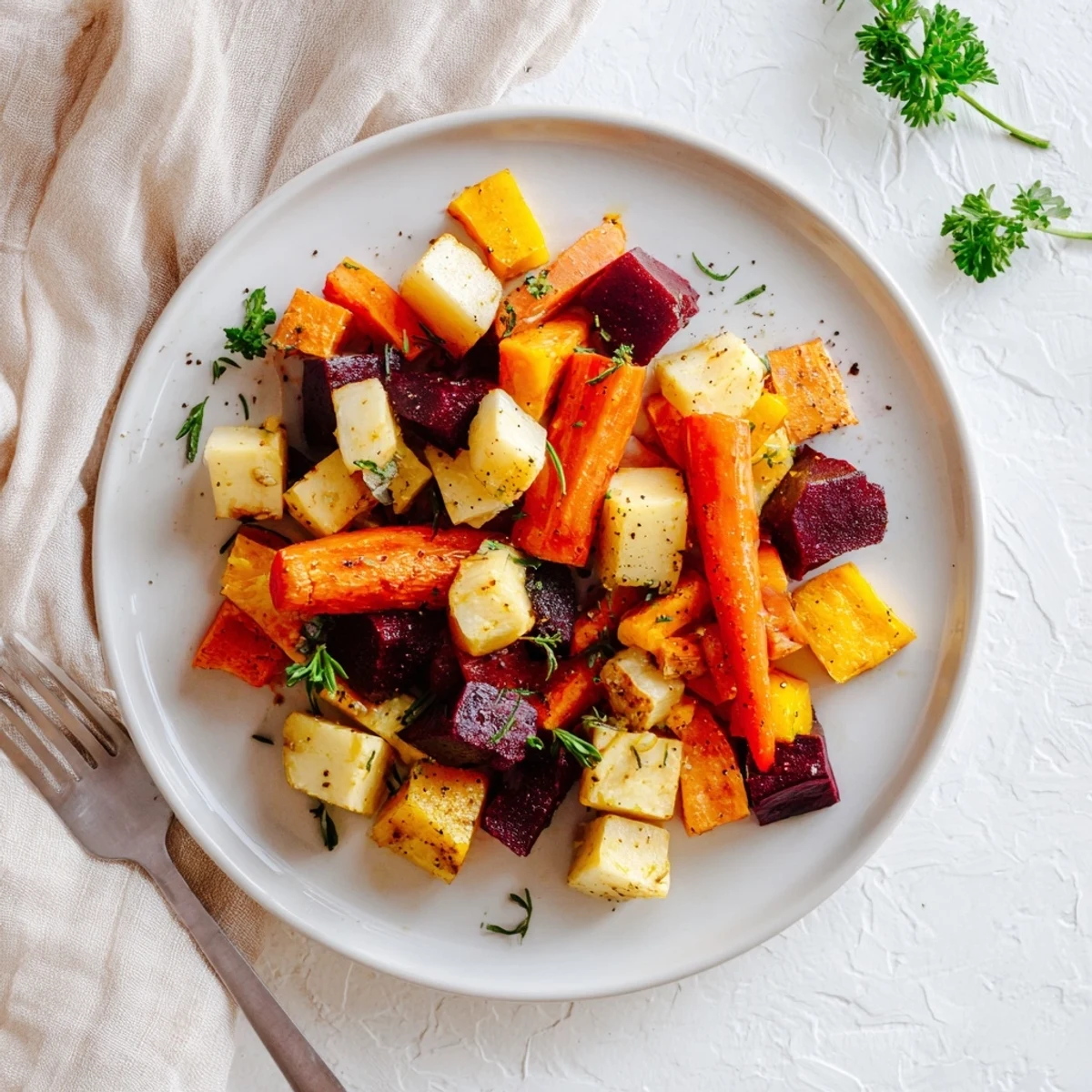 Caramelized roasted root vegetable medley glistens with herbs and olive oil on a rustic serving platter.
