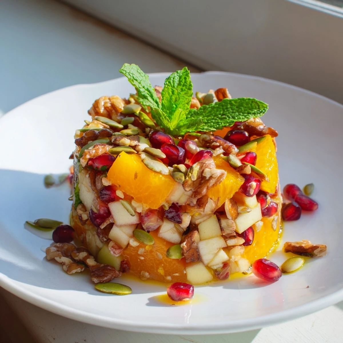 The finished Pomegranate and Walnut Salad displays ruby-red seeds, crisp diced apple, and crunchy walnuts tossed in a light honey-lemon dressing.