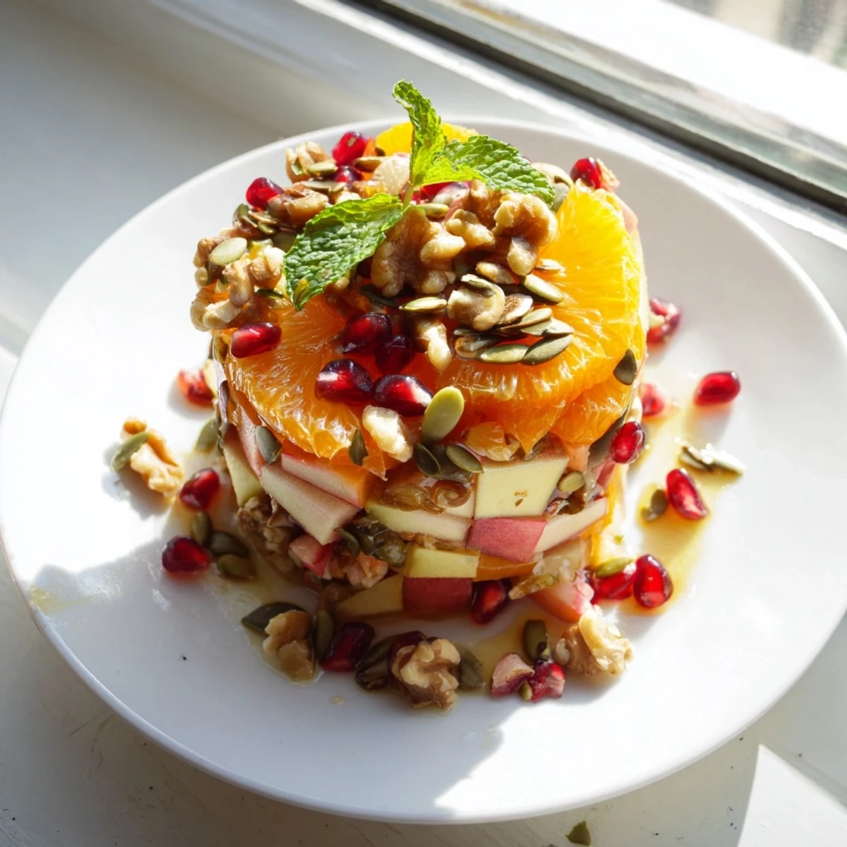 Glistening pomegranate arils and chopped walnuts top diced pears and orange segments in this bright Pomegranate and Walnut Salad.