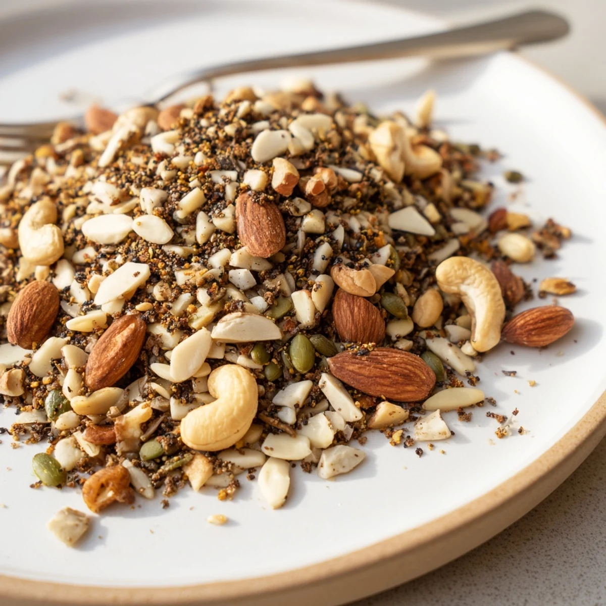 Freshly baked Spiced Nuts and Seeds Mix with walnuts and sunflower seeds, served in a rustic white bowl.