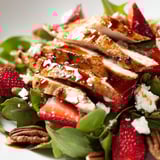 Grilled chicken and strawberries with goat cheese on greens, drizzled with honey balsamic glaze for a vibrant salad.