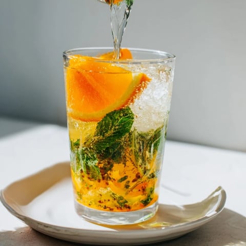 A vibrant probiotic soda mocktail with fresh citrus and mint garnish.  