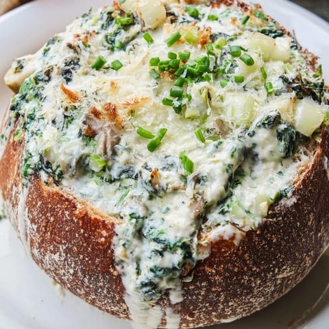 Warm, bubbly Best-Ever Spinach Dip in a crusty bread bowl, ready for dipping and sharing.