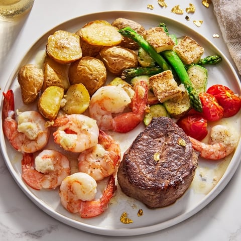 A Golden Heart Luxury Platter showcases seared filet mignon, scallops, and shrimp elegantly arranged.