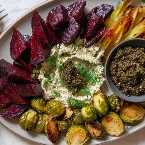 Pine Forest Winter Mezze Board featuring colorful roasted vegetables and creamy herbed labneh, ready to enjoy.
