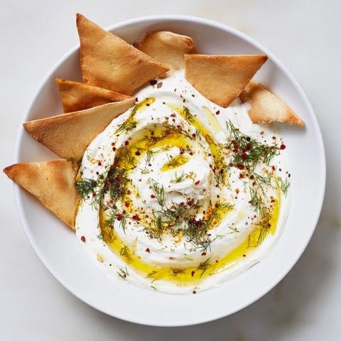 Smooth, creamy Angel Wings Whipped Feta Dip, drizzled with honey, ready for dipping pita chips.