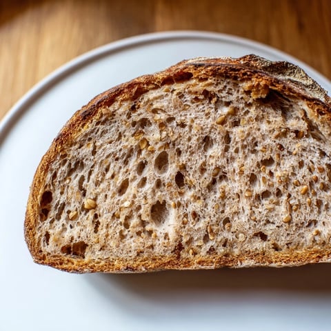 A hearty slice of Estonian Leib sourdough, dark crust glistening, ready to be slathered in butter.
