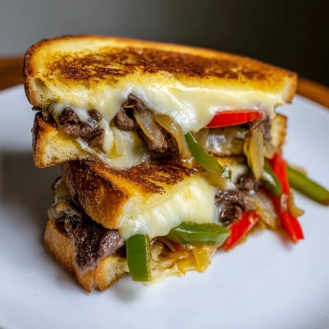 Golden-brown Philly Cheesesteak Grilled Cheese sandwich oozing melted provolone, with ribeye steak and sautéed peppers visible between buttery bread.