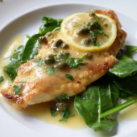 Golden-brown pan-seared Spinach Lemon Butter Chicken cutlets glazed in a bright, silky lemon-butter sauce served over wilted spinach garnished with fresh parsley.